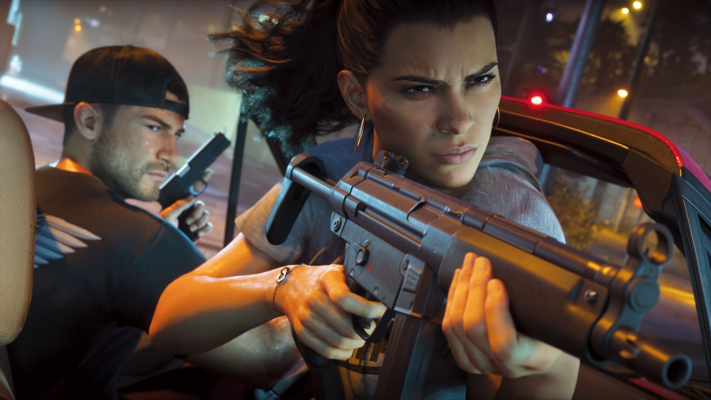Lucia aims from a vehicle window while Jason drives in an official GTA VI screenshot